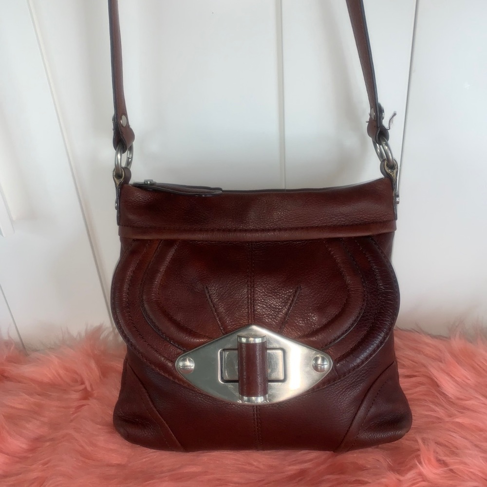 b. makowsky Dark Brown Leather Crossbody with Silver Turn-Lock